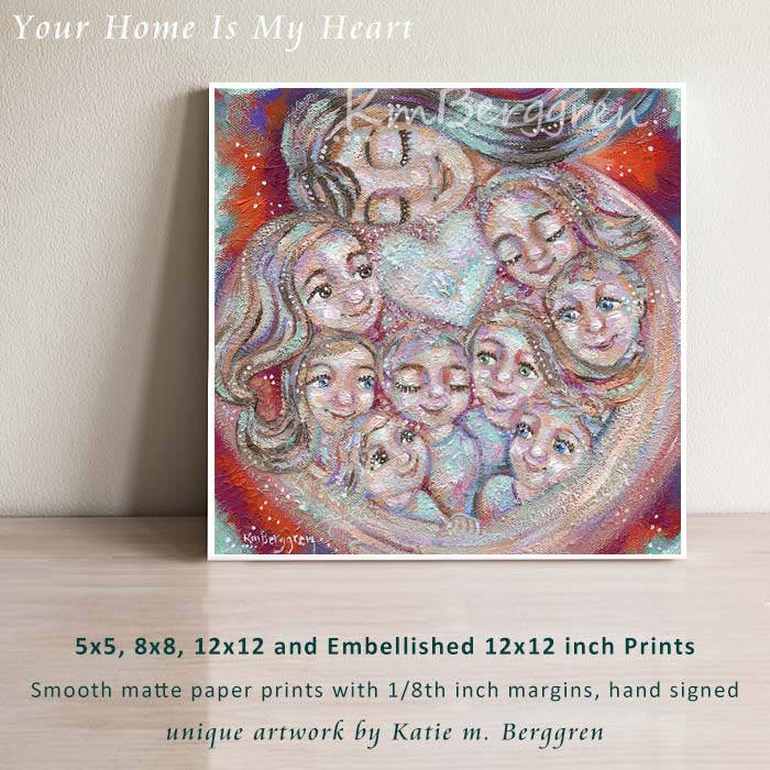 mother and 8 kids art print, painting of mom with eight kids,  rainbow colored artwork of a big family