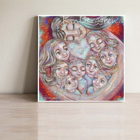 mother and 8 kids art print, painting of mom with eight kids,  rainbow colored artwork of a big family