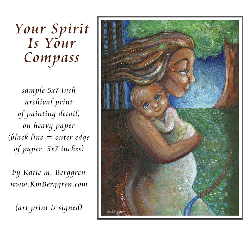 inspirational wall decor for women of mother and child in the forest, biracial baby on mommy's chest beneath tree and by river, forest and trees, positive uplifting artwork, inspirational wall decor for nursery or clinic, therapy for women art, KmBerggren, km berggren, katie berggren kimberggren, kim berggren art