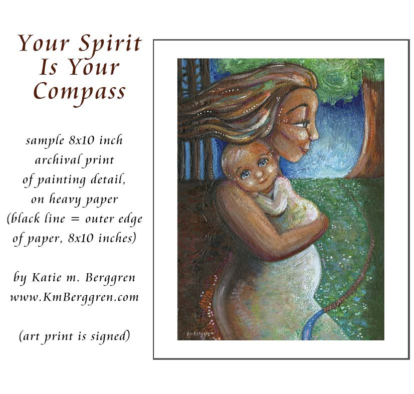 inspirational wall decor for women of mother and child in the forest, biracial baby on mommy's chest beneath tree and by river, forest and trees, positive uplifting artwork, inspirational wall decor for nursery or clinic, therapy for women art, KmBerggren, km berggren, katie berggren kimberggren, kim berggren art