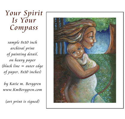 inspirational wall decor for women of mother and child in the forest, biracial baby on mommy's chest beneath tree and by river, forest and trees, positive uplifting artwork, inspirational wall decor for nursery or clinic, therapy for women art, KmBerggren, km berggren, katie berggren kimberggren, kim berggren art