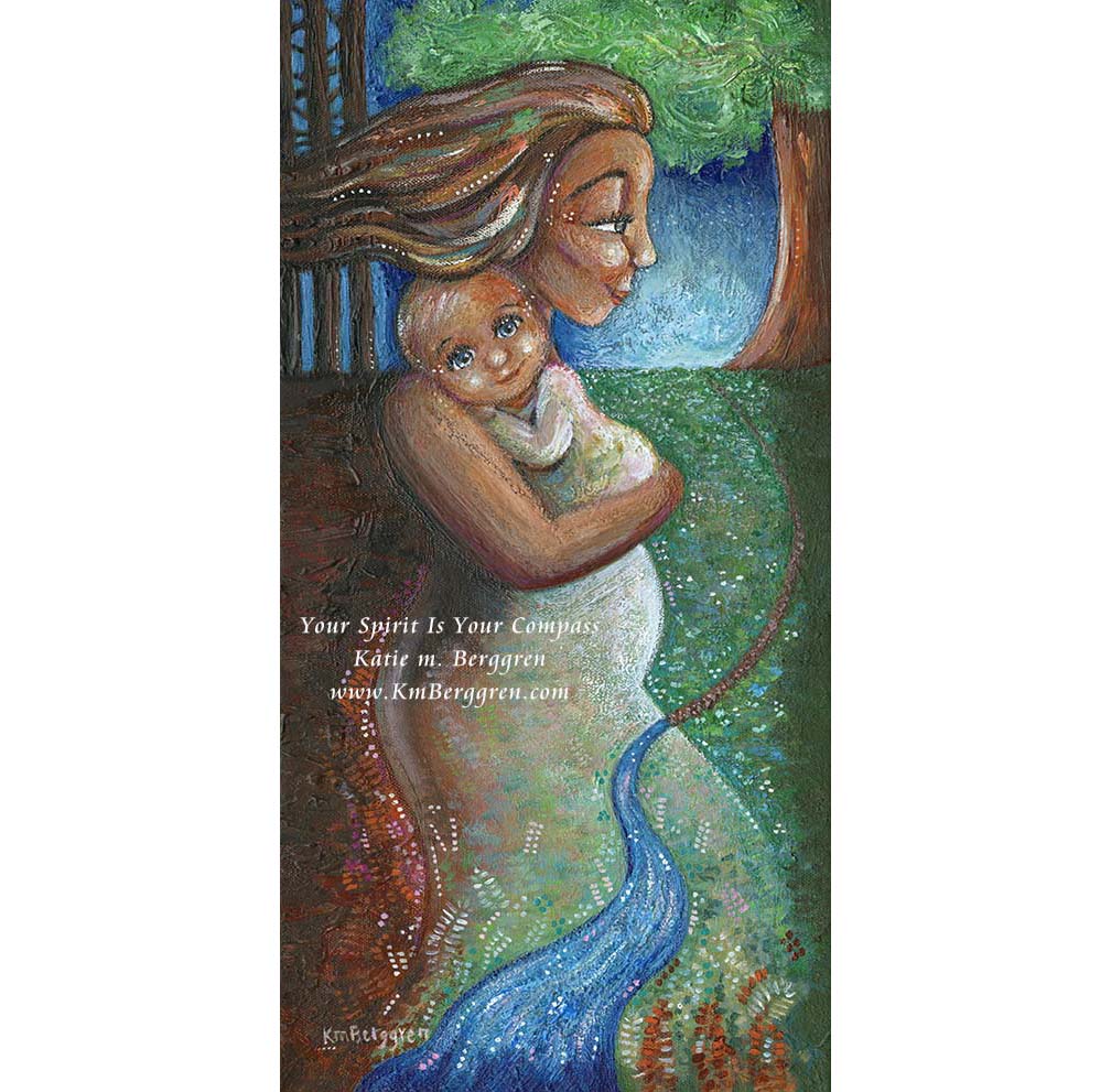 inspirational wall decor for women of mother and child in the forest, biracial baby on mommy's chest beneath tree and by river, forest and trees, positive uplifting artwork, inspirational wall decor for nursery or clinic, therapy for women art, KmBerggren, km berggren, katie berggren kimberggren, kim berggren art