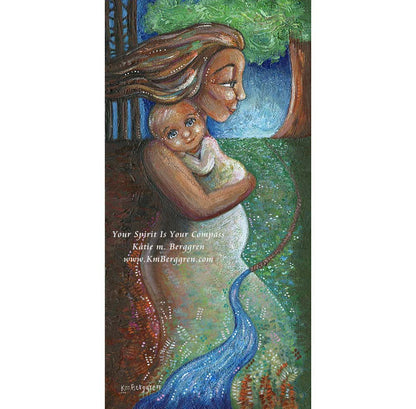 inspirational wall decor for women of mother and child in the forest, biracial baby on mommy's chest beneath tree and by river, forest and trees, positive uplifting artwork, inspirational wall decor for nursery or clinic, therapy for women art, KmBerggren, km berggren, katie berggren kimberggren, kim berggren art