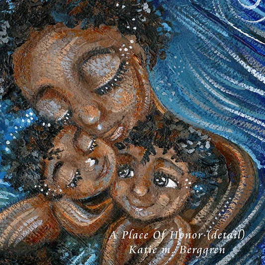african american mother and children, father and children, black woman, black man and kids, black family, skin to skin, black afro hair, short curly hair, proud family artwork, blue painting on thick paper, brothers, sisters, two kids or four kids, motherhood art by Katie m. Berggren, KmBerggren