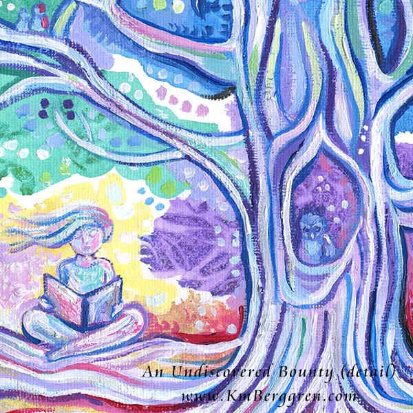 woman reading beneath beautiful colorful tree with birds and visual texture, warms and cools, organic patterns, kmberggren painting, paintings of trees and nature