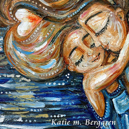 Mom with brown hair hugging blonde daughter on the beach art, personalized mom art, best friend art gift