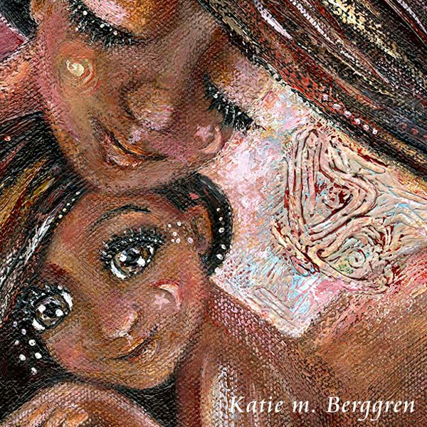 black mother and daughter long dark hair cuddling skin to skin, sparkly brown eyes, moon on cheek, butterfly and flowers art print, strong women painting