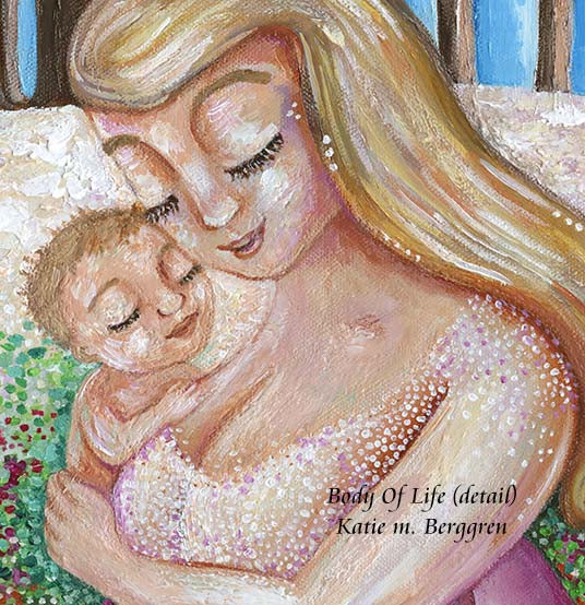 plus-size woman mother with blonde hair, blond mom and new baby, full-figure mom, naked mother and child, woman in nature, mom and baby in nature, artwork with trees and flowers, paintings of nature and women, family in nature art, gift for new mom, new baby artwork, kmberggren, km berggren, katie m. berggren artwork, motherhood art