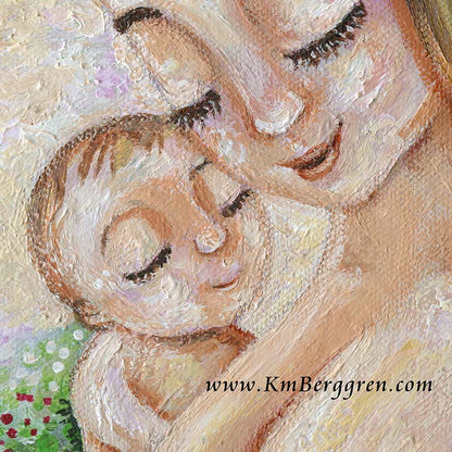 plus-size woman mother with blonde hair, blond mom and new baby, full-figure mom, naked mother and child, woman in nature, mom and baby in nature, artwork with trees and flowers, paintings of nature and women, family in nature art, gift for new mom, new baby artwork, kmberggren, km berggren, katie m. berggren artwork, motherhood art