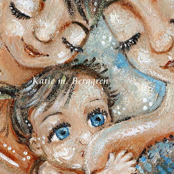 blonde mother nursing blue eyed girl with big brother, mom and two kids, big brother little sister, nursing little sister artwork, mom with 2 young kids art print