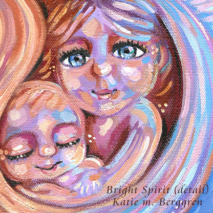 cheerful artwork of mother cradling two happy children with big blue eyes, purple and blue soft and vibrant original painting by kmberggren