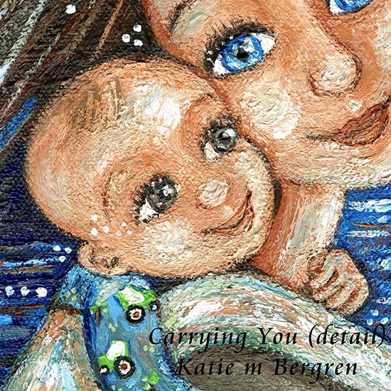 brunette mother babywearing a bald baby with green brown eyes, blue eyed mother art, babywearing painting, wrapping baby art, gift for babywearing mom, teddy bear art print, sun and blue sky art print