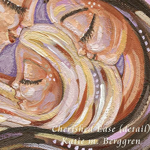 brunette mother with two daughters, blonde daughter and brown haired daughter, sisters art, painting of mom and sisters, mother daughter painting, mother and daughter artwork, mom and girls art, kmberggren, km berggren