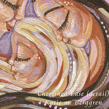 brunette mother with two daughters, blonde daughter and brown haired daughter, sisters art, painting of mom and sisters, mother daughter painting, mother and daughter artwork, mom and girls art, kmberggren, km berggren