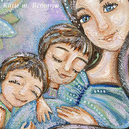 a purple and blue art painting of a pregnant mother with two children and a big blue flower, big sister big brother new baby