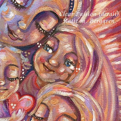 mother of 5 artwork, original painting of mom and five kids, bright and vivid artwork by kmberggren, sisters and brothers cuddles in mom's arms, mom cradling 5 kids in red and blue original artwork