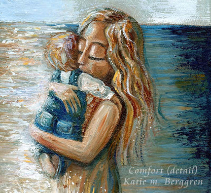 detail of original art of mother and son standing on beach, painting of mom holding baby by the seashore, cool calm artwork, contentment art, relaxing peaceful painting