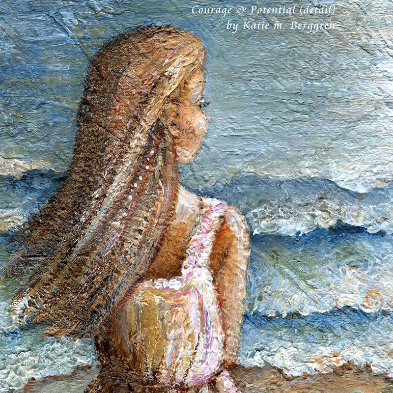 woman looking out on beach, ocean art painting, kmberggren, colorful painting of woman, lone woman painting, warm art, sea short art, ocean horizon painting, woman alone, solitude art, serenity painting
