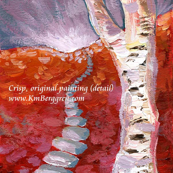A vertical painting on heavy paper depicting a birch tree with a winding stone path, rendered in red, purple, white, and gray tones. Painting by KmBerggren, inspirational artwork for women, kimberggren, katie m berggren paintings