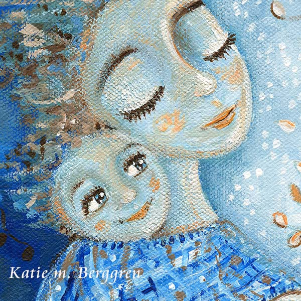blue artwork showing a mother with her face to the sky, wearing a smiling baby on her back, tree branches with leaves in front of them