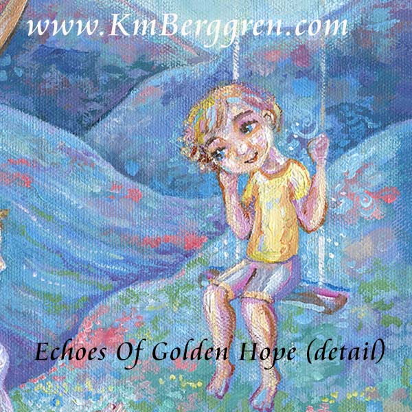 vertical tall print on paper or canvas of a woman resting beside a path, leaning against a tree that holds a swinging child in front of her, in pinks and greens and blues with canyons and grass blooming with pink, white and blue blossoms and forget-me-nots. Original painting by kmberggren, paintings of mothers, hopeful artwork, inspirational artwork for women, gifts for mom, art for women, paintings of trees, kimberggren, kmberggren, katie berggren
