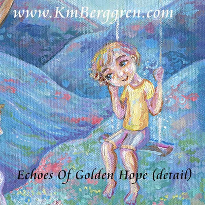 vertical tall print on paper or canvas of a woman resting beside a path, leaning against a tree that holds a swinging child in front of her, in pinks and greens and blues with canyons and grass blooming with pink, white and blue blossoms and forget-me-nots. Original painting by kmberggren, paintings of mothers, hopeful artwork, inspirational artwork for women, gifts for mom, art for women, paintings of trees, kimberggren, kmberggren, katie berggren