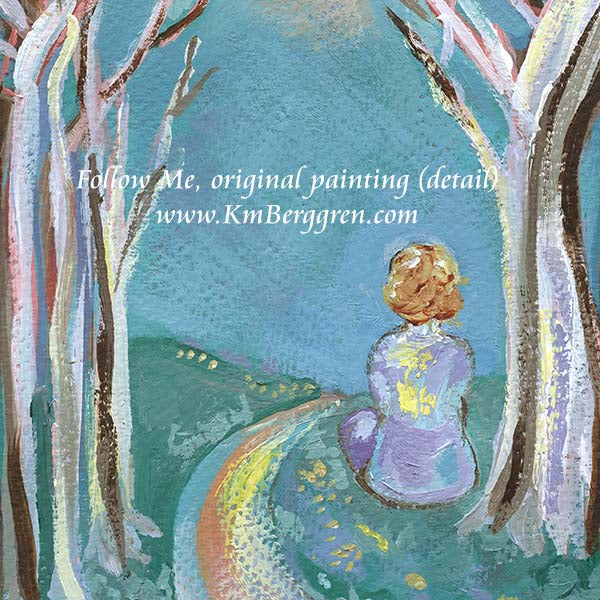 A vertical original painting on heavy paper of a woman sitting off of a hiking trail in a forest, with green grass and trees. She looks out to the horizon far away, short brown hair, full-figured woman, soft blues and whites colored painting by KmBerggren, Katie m Berggren, kimberggren