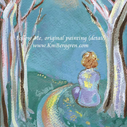 A vertical original painting on heavy paper of a woman sitting off of a hiking trail in a forest, with green grass and trees. She looks out to the horizon far away, short brown hair, full-figured woman, soft blues and whites colored painting by KmBerggren, Katie m Berggren, kimberggren