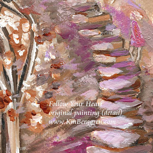 A vertical painting on textured paper depicting a winding stone path through a forest with pink and purple foliage, shown against a beige background with descriptive text and the website KmBerggren.com. A woman climbing a stone staircase of pink, purple and black. painting by KmBerggren, Katie m. berggren, kimberggren