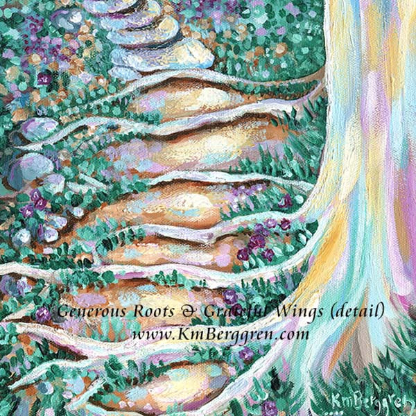 vertical tall painting on canvas of a woman reading in a field after climbing stone steps original painting by kmberggren, paintings of women, hopeful artwork, inspirational artwork for women, gifts for mom, art for women, paintings of stairs in nature, paintings of trees, paintings of rocks, kimberggren, kmberggren, katie berggren