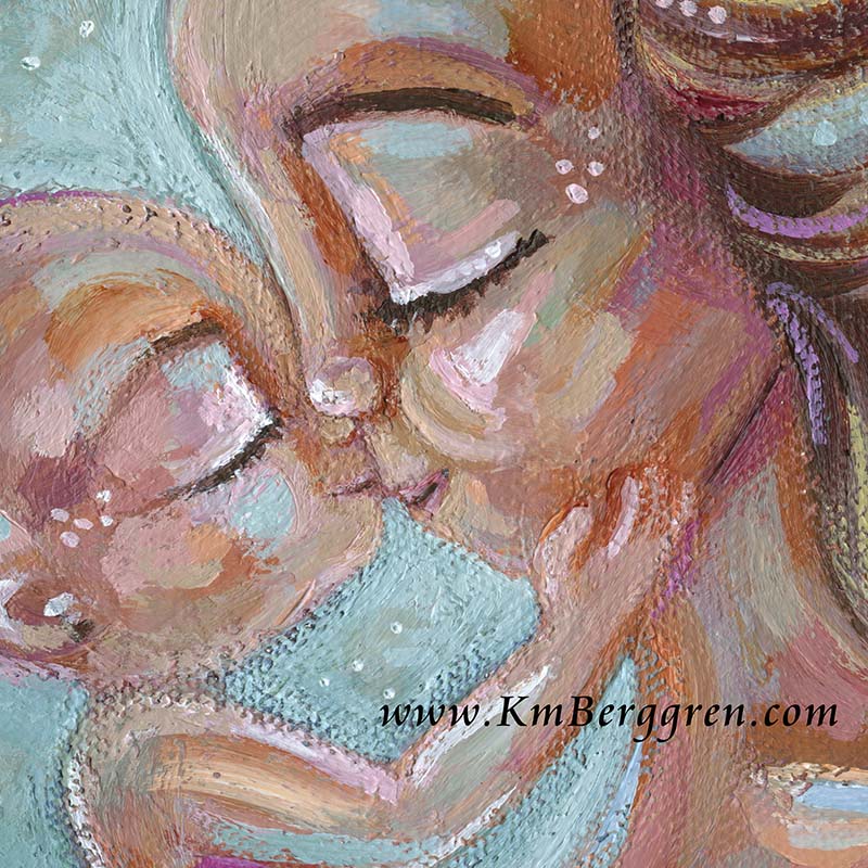 art of mother and baby inside a big flower bud, motherhood flowering, flowers of family, new baby in garden, painting of mother and infant, mom and baby art print, mom and new baby, mum new babe, bald baby blonde mom art, wall decor for nursery, wall art for lactation room, km berggren, kmberggren, katie m. berggren art