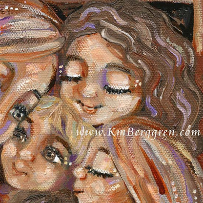 mother with 5 children artwork - sisters and brothers with mom - five kids and mom, gift for mother of 5, long haired mom and five children, warm art for mom, intimate cozy expressionist family art