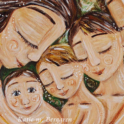 art print of a mother and father sleeping with three sons with green background by KmBerggren