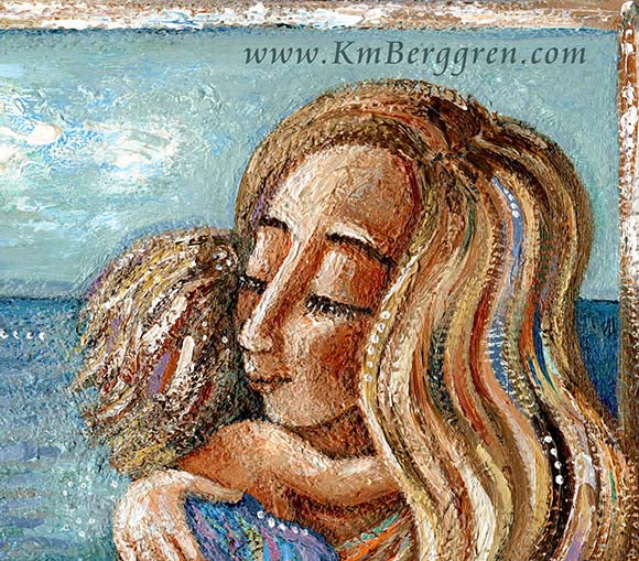 blonde mother holding blonde daughter in front of a window to the ocean, cuddling daughter artwork, mother and son painting, original painting of mother and child, mother baby ocean artwork