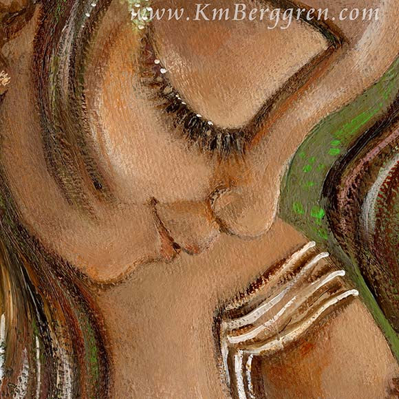 black mother nursing baby in lush green background, original painting on heavy paper by KmBerggren