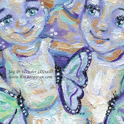 mother and father with three children and butterflies painting, art of mom and dad and t hree children, family of five painting, blue and purple original painting, parents 3 kids painting