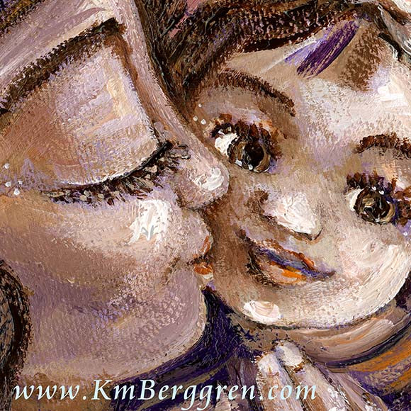 brunette mother and daughter, purple with bow and butterfly, kissing daughter original painting KmBerggren