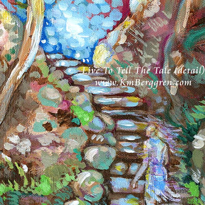 painting of woman climbing stone steps original painting by kmberggren, paintings of women, hopeful artwork, inspirational artwork for women, gifts for mom, art for women, paintings of stairs in nature, paintings of trees, paintings of rocks, kimberggren, kmberggren, katie berggren