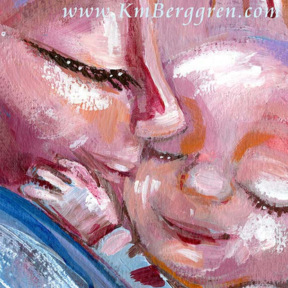 bright blue and magenta mother and new baby artwork, vibrant lively painting of woman and baby by KmBerggren