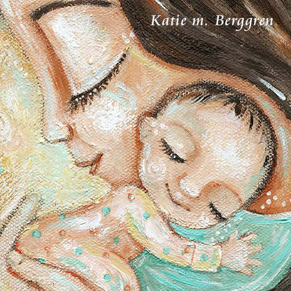 mother holding tiny baby on her shoulder, newborn baby with stars hugging mommy with brown hair and closed eyes by KmBerggren