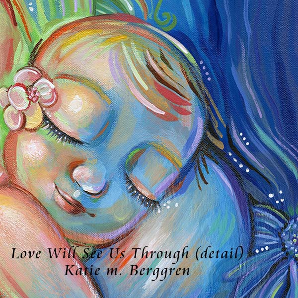 Gorgeous Mommy Holding a Naked Baby Original Art with flowers, Vibrant Rainbow Painting by Katie m. Berggren, rainbow flowers and leaves, sun and water vibrant painting