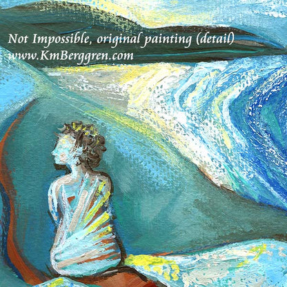 A vertical painting on textured heavy paper showing a seated woman on a blue landscape with rolling hills and looking out to the ocean in the distance, rendered in blue, white, teal, and brown tones. Artwork for women by KmBerggren, katie m. berggren, kimberggren