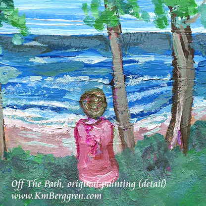 An original painting on heavy paper of a woman sitting off of a hiking trail in a forest, with green grass and trees. She looks out to the beach far away, brown hair up in a knot, full-figured woman, bright colored painting by KmBerggren, Katie m Berggren, kimberggren