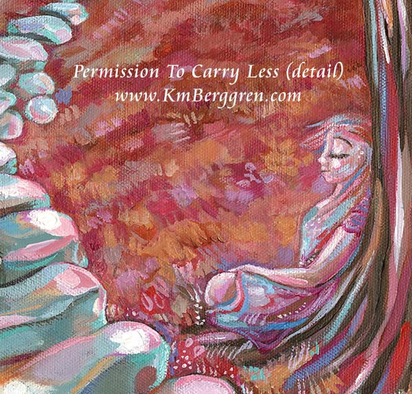 vertical tall painting on canvas of a woman resting beside a stone path, in reds and blues with an evening sky and trees that are just blooming with pink blossoms. Original painting by kmberggren, paintings of women, hopeful artwork, inspirational artwork for women, gifts for mom, art for women, paintings of stairs in nature, paintings of trees, paintings of rocks, kimberggren, kmberggren, katie berggren