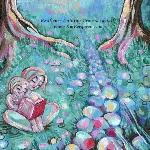 vertical tall painting on canvas of a mother and child reading in a field near a stone path original painting by kmberggren, paintings of women, hopeful artwork, inspirational artwork for women, gifts for mom, art for women, paintings of stairs in nature, paintings of trees, paintings of rocks, kimberggren, kmberggren, katie berggren