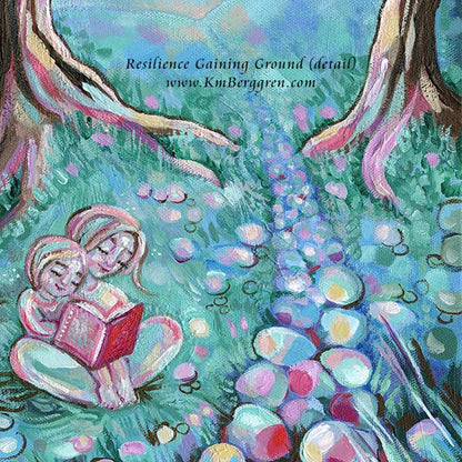 vertical tall painting on canvas of a mother and child reading in a field near a stone path original painting by kmberggren, paintings of women, hopeful artwork, inspirational artwork for women, gifts for mom, art for women, paintings of stairs in nature, paintings of trees, paintings of rocks, kimberggren, kmberggren, katie berggren