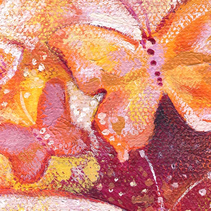 painting of woman with butterflies in her heart, self love artwork, painting of woman with pink hair, pink and yellow butterflies, orange butterfly artwork, painting of self love, painting for strong woman, self-healing artwork, art therapy for women, original painting by kmberggren