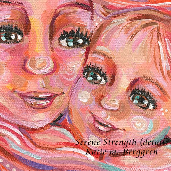 An intimate face to face pink painting of mother with her baby, brown eyed mother & baby with warm peace, orange and pink background. Deep canvas, ready to hang.