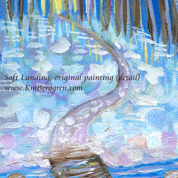 An original painting study titled 'Soft Landing' by artist KmBergren, depicting a blue and white snowy landscape with a wooden bridge on a lavendar path. The artwork is created on textured heavy paper, kimberggren, katie m berggren artwork to inspire women