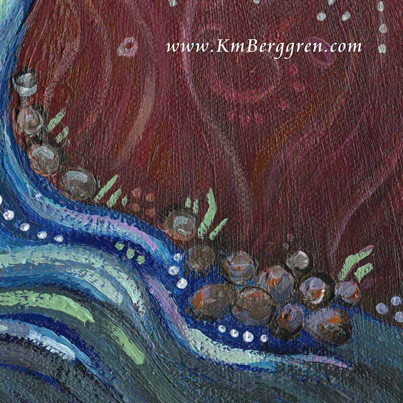 short dark haired woman with stream in the woods, river in the woods art, moon and trees art, woman with moon and forest trees painting, midnight art, moonlight art, serene calming wall decor, art decor for therapy office, female therapist clinic artwork, gift for therapist, inspirational artwork for women, kmberggren, km berggren, katie m berggren art